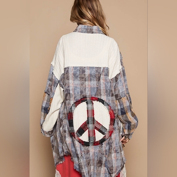 NWT POL Peace Plaid Patchwork Oversize Button down Bohemian Shirt Shacket - Picture 7 of 10